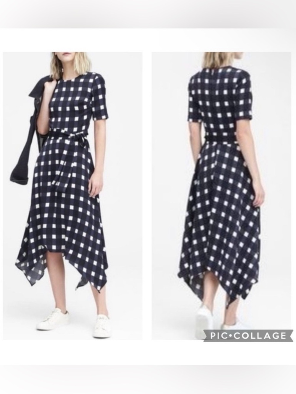 NWT Banana Republic Plus Blue Gingham Handkerchief Hem Satin Belted Dress